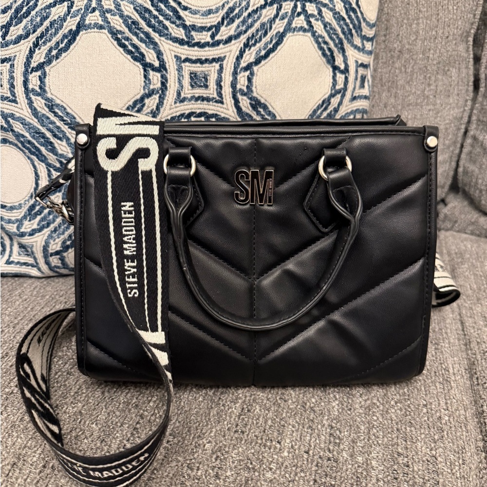 Steve Madden Black Quilted Satchel with Logo Strap - Picture 1 of 1